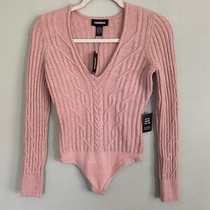 Express Women’s Light Pink Ribbed Knit Long Sleeve Bodysuit Size XS NWT